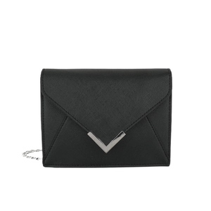 Classic black Saffiano leather crossbody envelope bag with silver V-shaped metal buckle