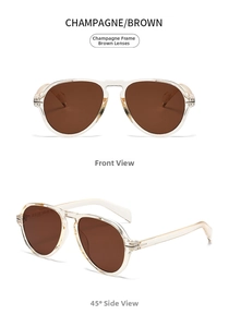 Champagne pilot sunglasses with brown lenses showing front and side views