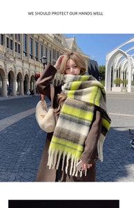 Detail shot of the colorful plaid winter scarf with long fringe tassels on a model
