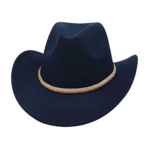 Macro view of dark blue felt cowboy hat with fine light brown woven decorative band