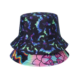 Double-sided reversible bucket hat featuring cosmic silhouettes and vibrant psychedelic graffiti