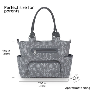 Detailed size chart of the grey patterned diaper bag with precise dimensions and handles
