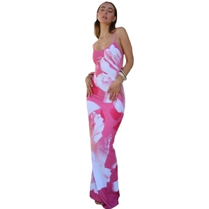Slim fit backless slit maxi dress with pink and white floral print for women