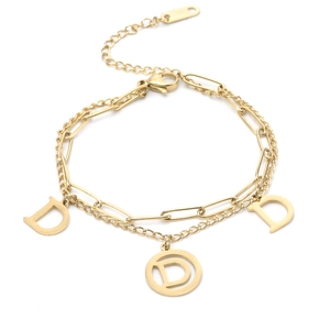 Double-layered gold titanium steel bracelet featuring hollow D-letter charms and adjustable chain