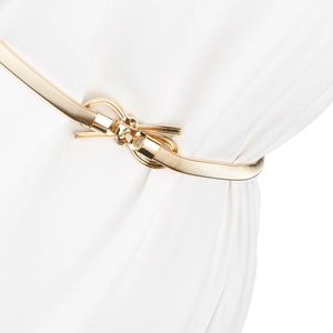 Close-up of golden elastic spring metal belt with interlocking buckle for dresses