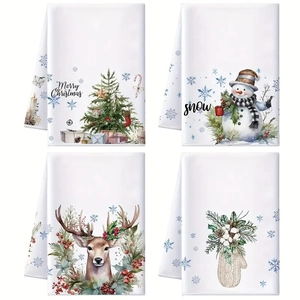 Set of 4 Christmas microfiber kitchen towels featuring festive watercolor prints and motifs