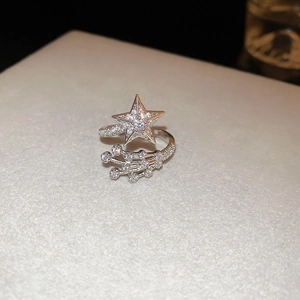 Macro shot of silver butterfly ring with cubic zirconia stars on a textured stand