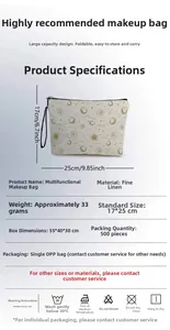Detailed dimensions of moon and star print cosmetic bag in fine linen 17x25cm size