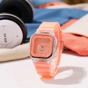 Fashionable square quartz watch with peach silicone strap and clear resin case for women