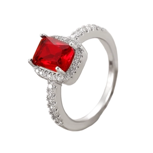 Vintage copper ring with square red gemstone and white zircon accents in silver finish