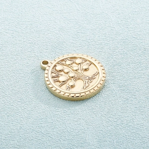 Golden round tree of life pendant in stainless steel with detailed branch relief