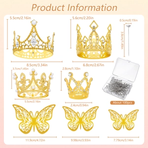 Golden alloy crowns and butterfly cake toppers with pins set and dimensions info
