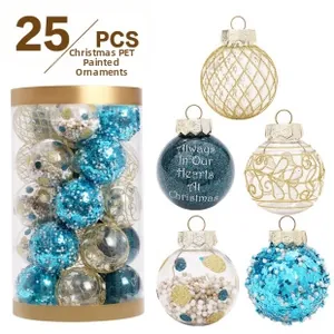 Detail of 25PCS PET Christmas balls featuring blue glitter and gold painted patterns