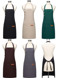 Detail showing the adjustable neck strap and side buttons of the canvas apron