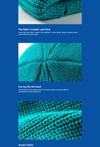Detail of high-elasticity acrylic knit texture and thick ribbed weave of this blue beanie