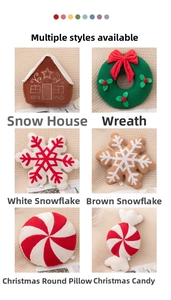 Collection of Christmas plush pillows including snowflake, wreath, and candy designs