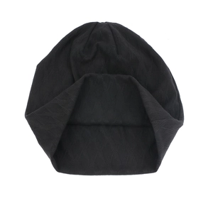 Detail of black knitted beanie showing diamond weave pattern and soft texture