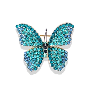 Creative butterfly brooch with blue and cyan gradient rhinestones on a gold base