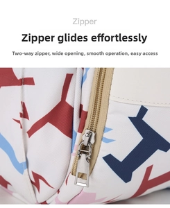 Detail of the high-quality two-way metal zipper on the printed baby diaper backpack