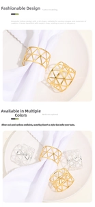 Macro shot of gold and silver hollow triangle metal napkin rings on table setting