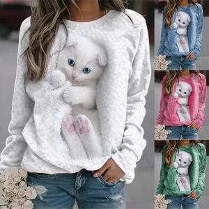 Sweatshirt en Polyéster Ample Décontracté pour Femmes Avec Motif Animalier Chat 3D Réaliste Col Rond Haut Pullover Manches Longues Courtes