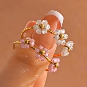 Stainless Steel Flower Ring For Women Crystal Beads Adjustable Gold Plated Sweet Elegant Jewelry