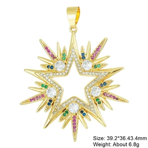 Macro detail of gold-plated star pendant with colorful cubic zirconia and compass motif