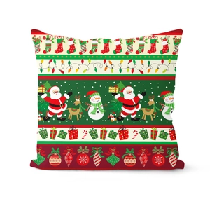 Detailmuster von Weihnachtsmann und Rentier auf einem dekorativen Kissenbezug