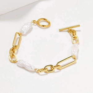 Freshwater Pearl Chain Link Bracelet Gold Plated Brass With Toggle Clasp Minimalist Elegant Fashion Jewelry For Women