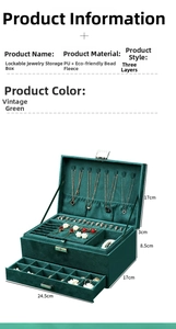 Three-tier vintage green velvet jewelry box with secure lock and size dimensions