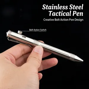Tactical stainless steel pen with bolt-action mechanism and window breaker tip