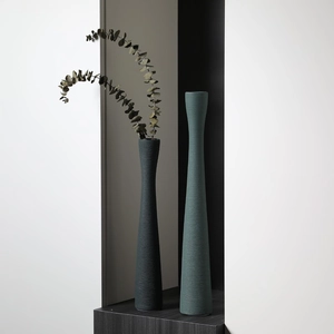 Set di due vasi alti nordici in ceramica spazzolata grigio scuro e verde acqua opaco