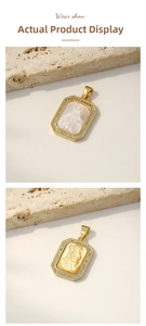 Detailed view of gold plated Virgin Mary shell pendant with zircon stone borders
