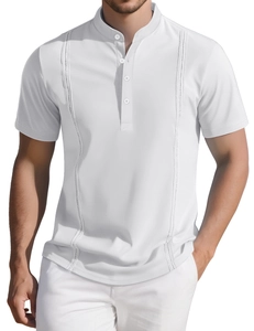 Close-up of white Henley shirt with four-button placket and ribbed texture detail