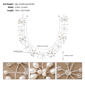 Detailed dimensions of bridal pearl headband with 35cm length and 2.5cm width specs