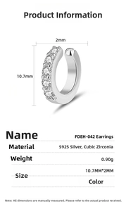 Detailed spec sheet showing S925 silver ear cuff dimensions and cubic zirconia inlay