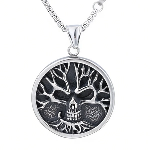 Pendaglio teschio albero in acciaio inossidabile argento con catena a perle