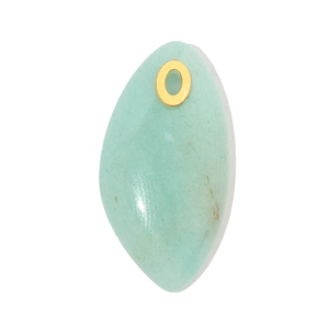 Detailed close-up of a leaf-shaped light green natural stone pendant with gold metal clasp