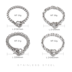 Detailed size and weight chart for stainless steel heart T-bar clasp chain bracelets