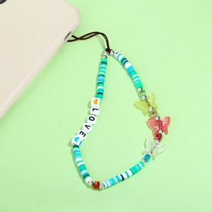 Handmade butterfly phone lanyard with colorful clay beads and LOVE letter charms