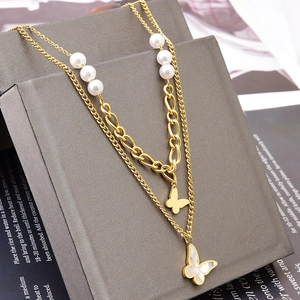 Layered Necklace With Butterfly Pendant Stainless Steel Mother Of Artificial Pearl Faux Artificial Pearl Elegant Vintage K18 Jewelry For Women