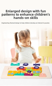 Little girl playing with wooden construction truck puzzle for early educational learning