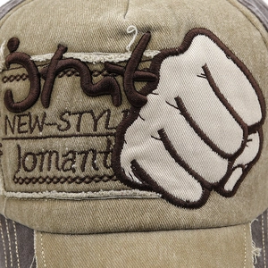 Vintage khaki and brown patchwork baseball cap with embroidered fist and street style design