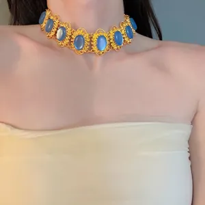 Vintage Palace Style Choker Necklace Gold Plated Copper With Blue Oval Resin Stones Hollow Geometric Clavicle Chain For Women