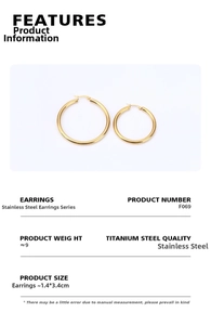 Detailed spec sheet showing large golden hollow stainless steel hoop earrings and size data