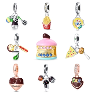 Food Dessert Beverage Charms Beads Silver Plated Copper Enamel Pizza Fries Chocolate Cake Coffee Shape DIY Cute Accessory
