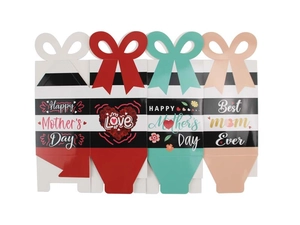 Vier Muttertags-Geschenkboxen mit 3D-Schmetterlingsgriffen und bunten floralen Designs