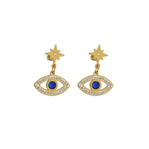 Gold evil eye earrings with star studs and blue crystals in a minimalist stainless steel design