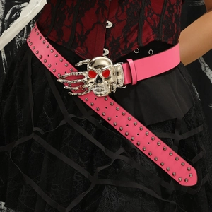 Women PU Leather Punk Belt Alloy Metal Skull Buckle Red Eyes Bone Hand Rivet Decorative Gothic Waist Strap For Halloween Party
