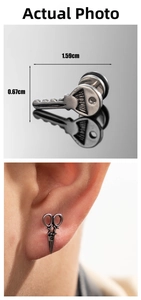 Detailed size chart for vintage steel key stud earrings with model ear placement